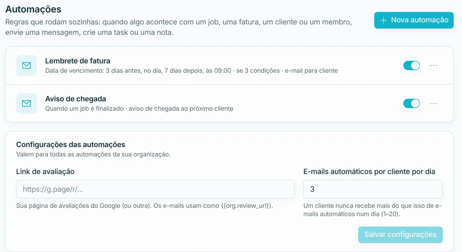 Automações ligadas: lembrete de fatura e aviso de chegada
