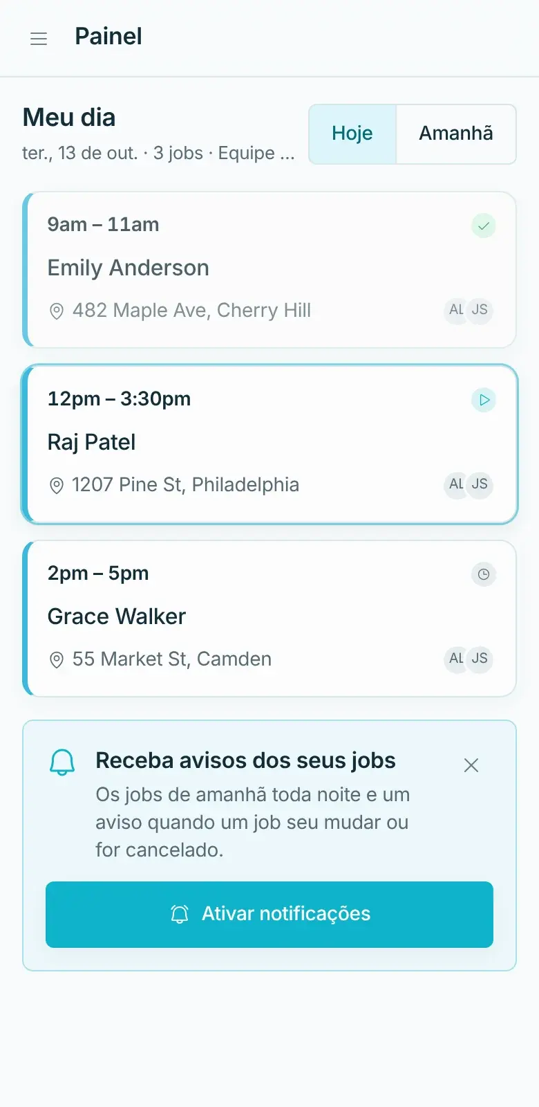 Tela Meu dia no celular, com os três jobs de hoje da cleaner