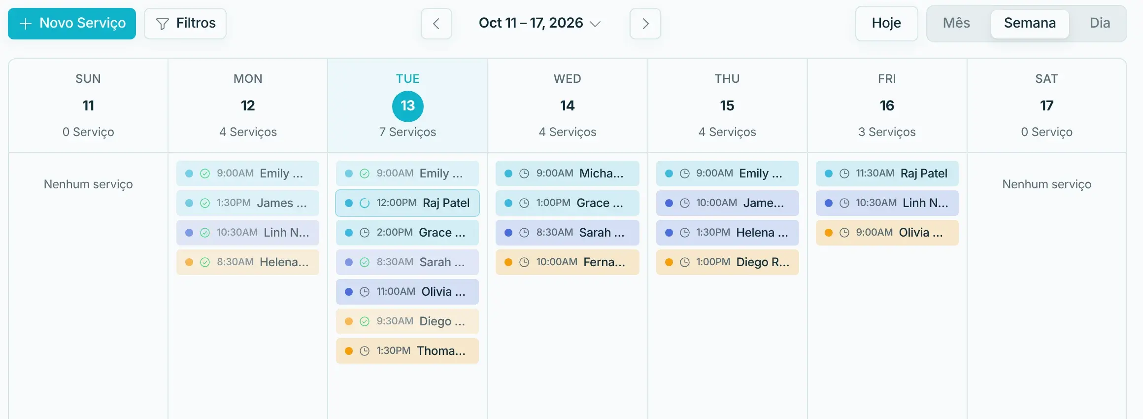 Agenda da semana com os jobs coloridos por equipe