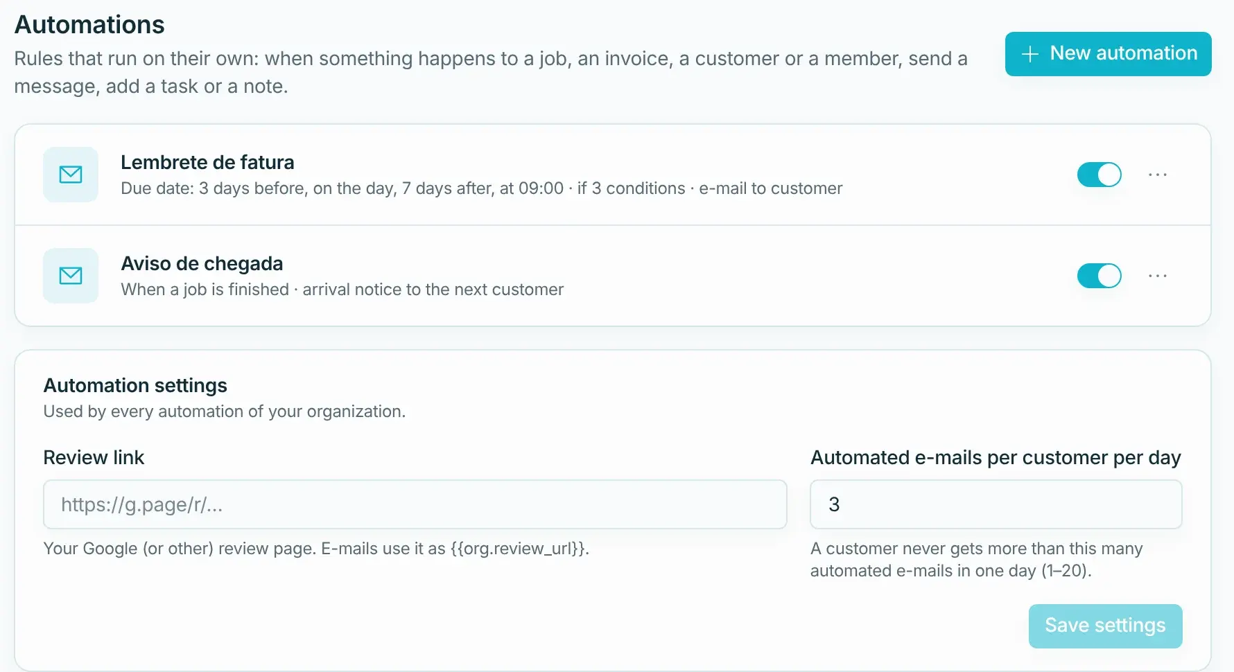 Automations turned on: invoice reminder and arrival notice