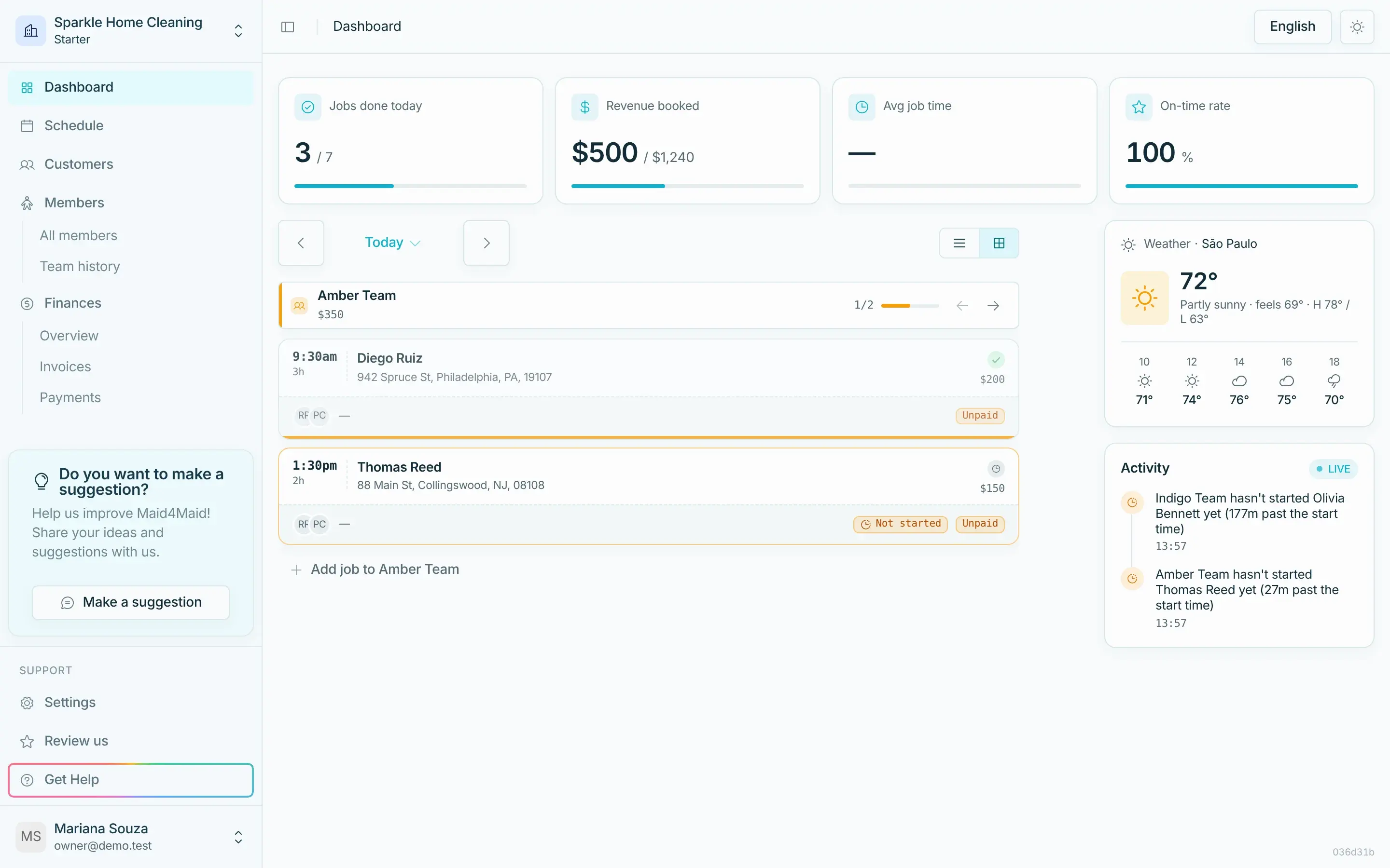 Maid4Maid dashboard with today's jobs, revenue and each team's jobs