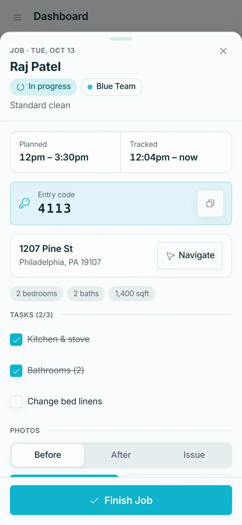 A job in progress on the cleaner's phone, with entry code, address and tasks