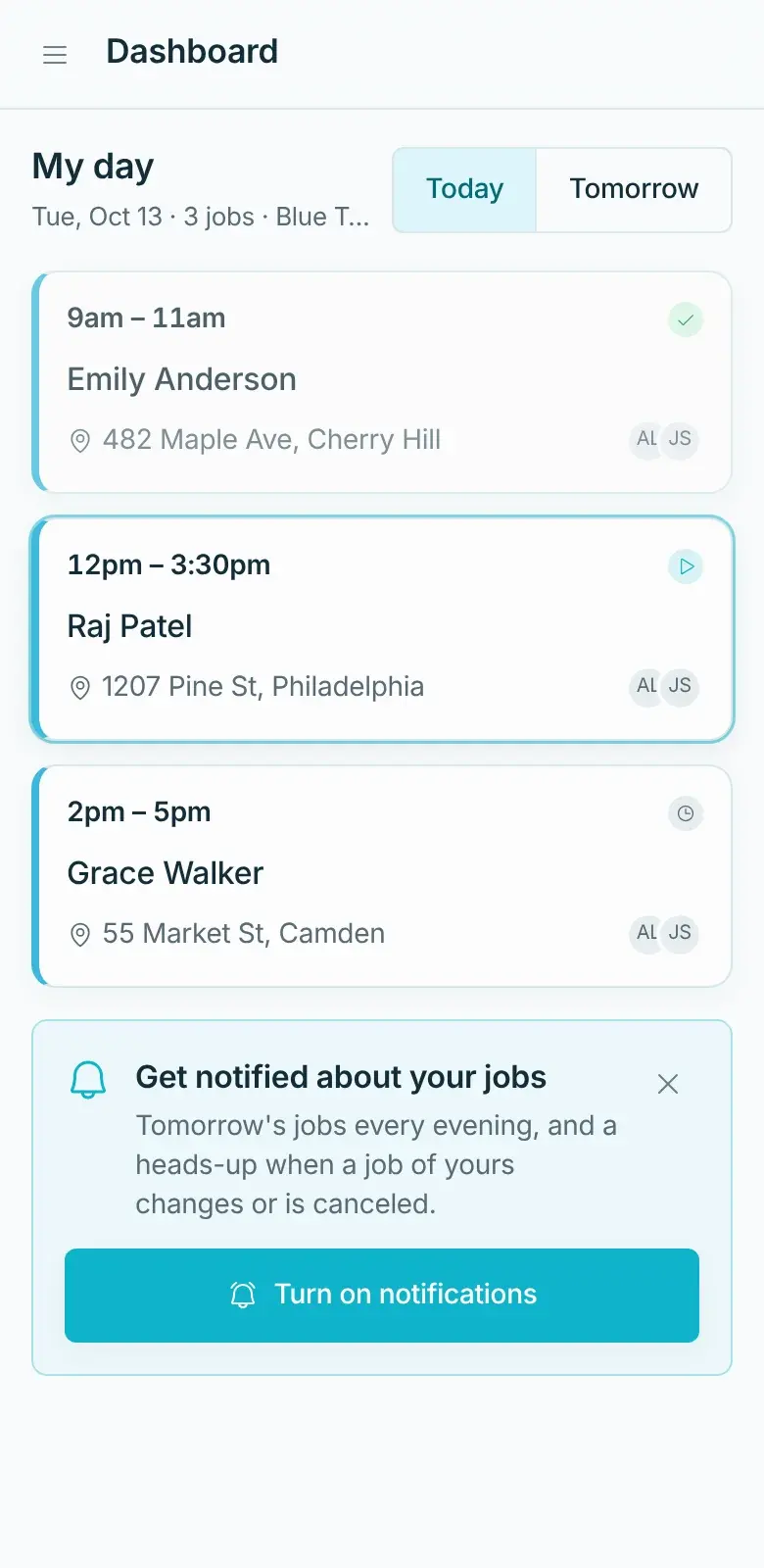 My day screen on a phone, with the cleaner's three jobs for today