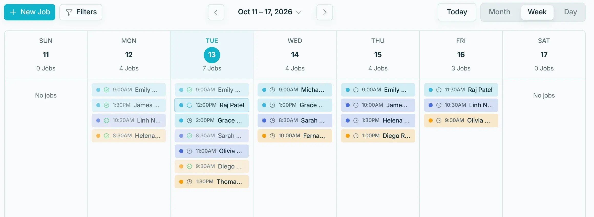 Weekly schedule with jobs colored by team
