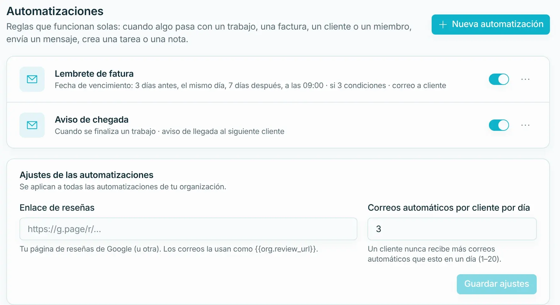 Automatizaciones activas: recordatorio de factura y aviso de llegada