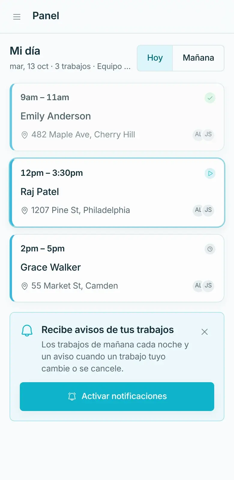 Pantalla Mi día en el celular, con los tres trabajos de hoy de la cleaner