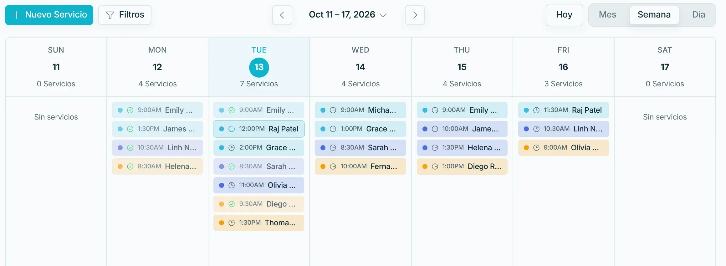 Agenda de la semana con los trabajos coloreados por equipo